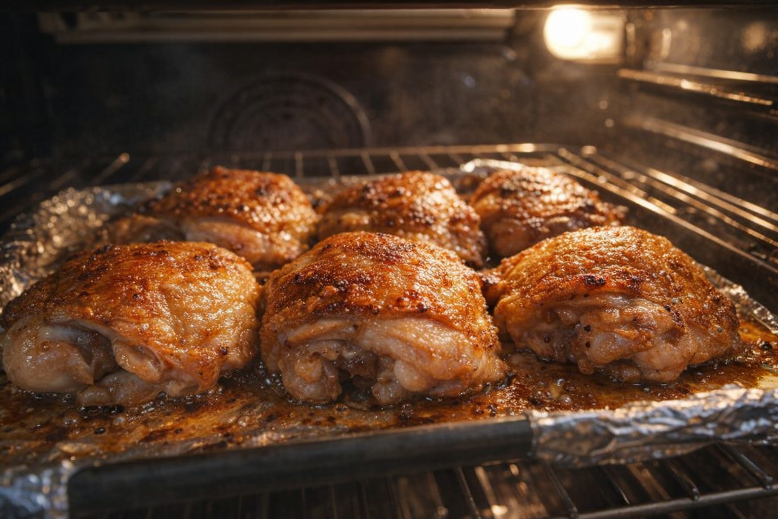 An eye-level shot of chicken thighs baking in the oven, skin bubbling and golden brown, oven light illuminating the scene